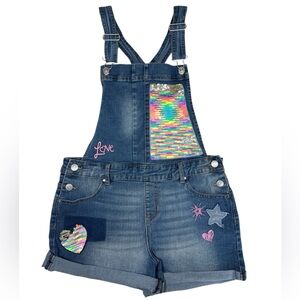 Jordache Girls Denim Shortalls Size 18 Rainbow Sequin Overalls